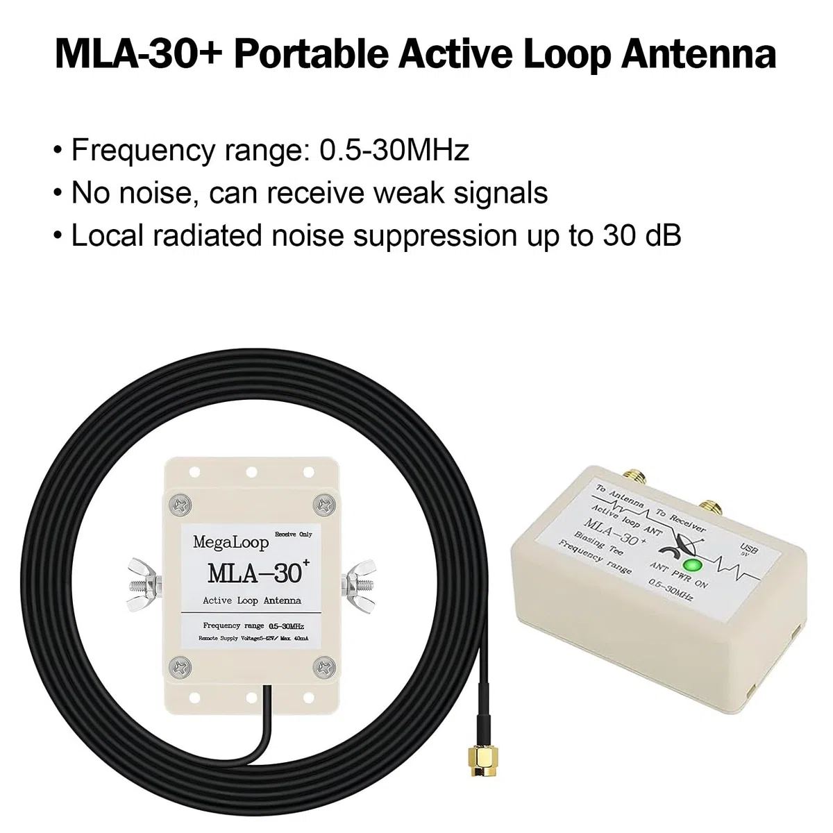 AURSINC MLA-30+ Tragbareraktiver Schlingenantenne 50 kHz–30 MHz mit 10 m Langer Speiseleitung, für HF-Kurzwellenrundfunk, eingebauter Niederrauschverstärker, geeignet für Dachinstallation oder Balkon