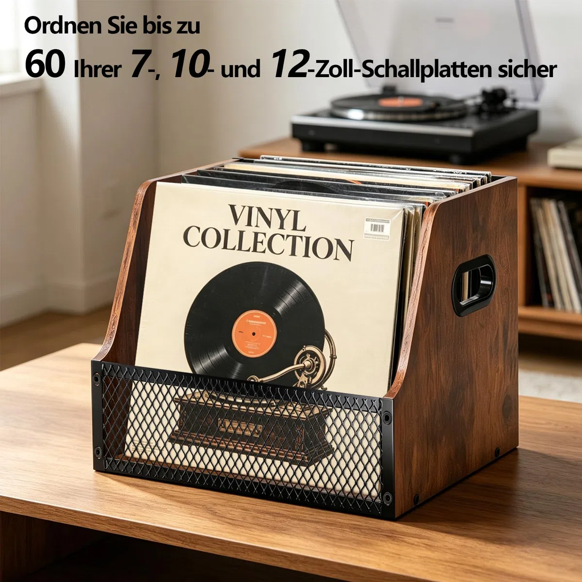 BILIONE Schallplatten Aufbewahrung - Holz & Metall Schallplatten Ständer für 7/10/12 Zoll Vinyl, Schallplattenhalter für bis zu 60 Schallplatten, Vinyl Aufbewahrung für Musikliebhaber