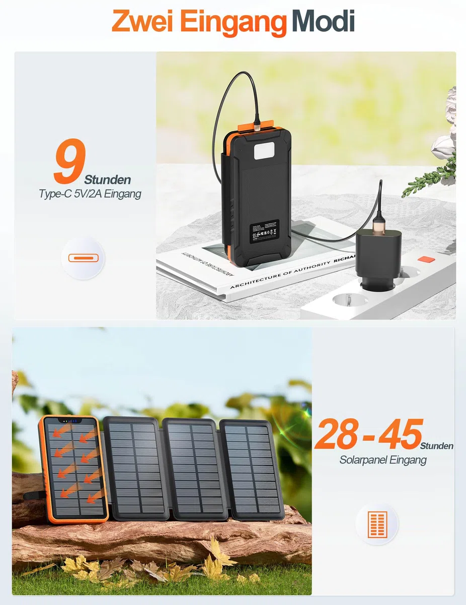 elzle Solar Powerbank 26800mAh, 4 Solarpanel, Outdoor Camping | Wasserfestes Design, 4 Modi Taschenlampe, 5V/2.1A, 5V/3.1A Ausgang, 2 USB-A, 1 USB-C, 5W Solar Eingang, für Handy, Tablet