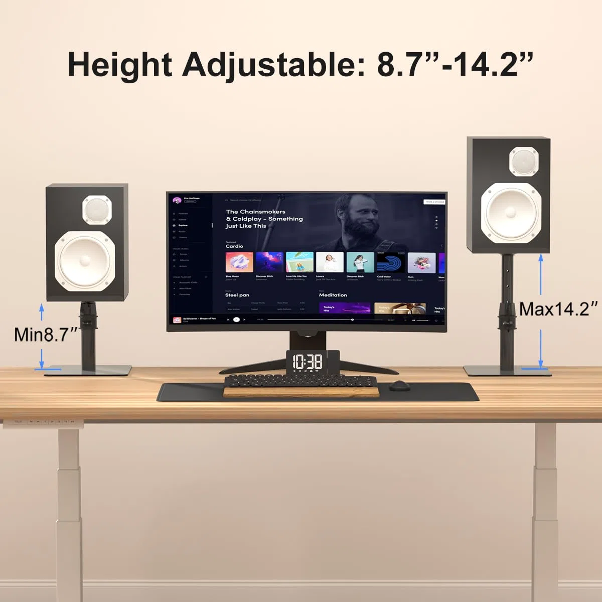 suptek Freistehender Lautsprecherständer Desktop-Set, Höhenverstellung und Neigung, Universal-Audio-Halterungen für Computer- und Bücherregal-Lautsprecher, erhöhter Sound, 2er-Pack, Schwarz, SDM001T