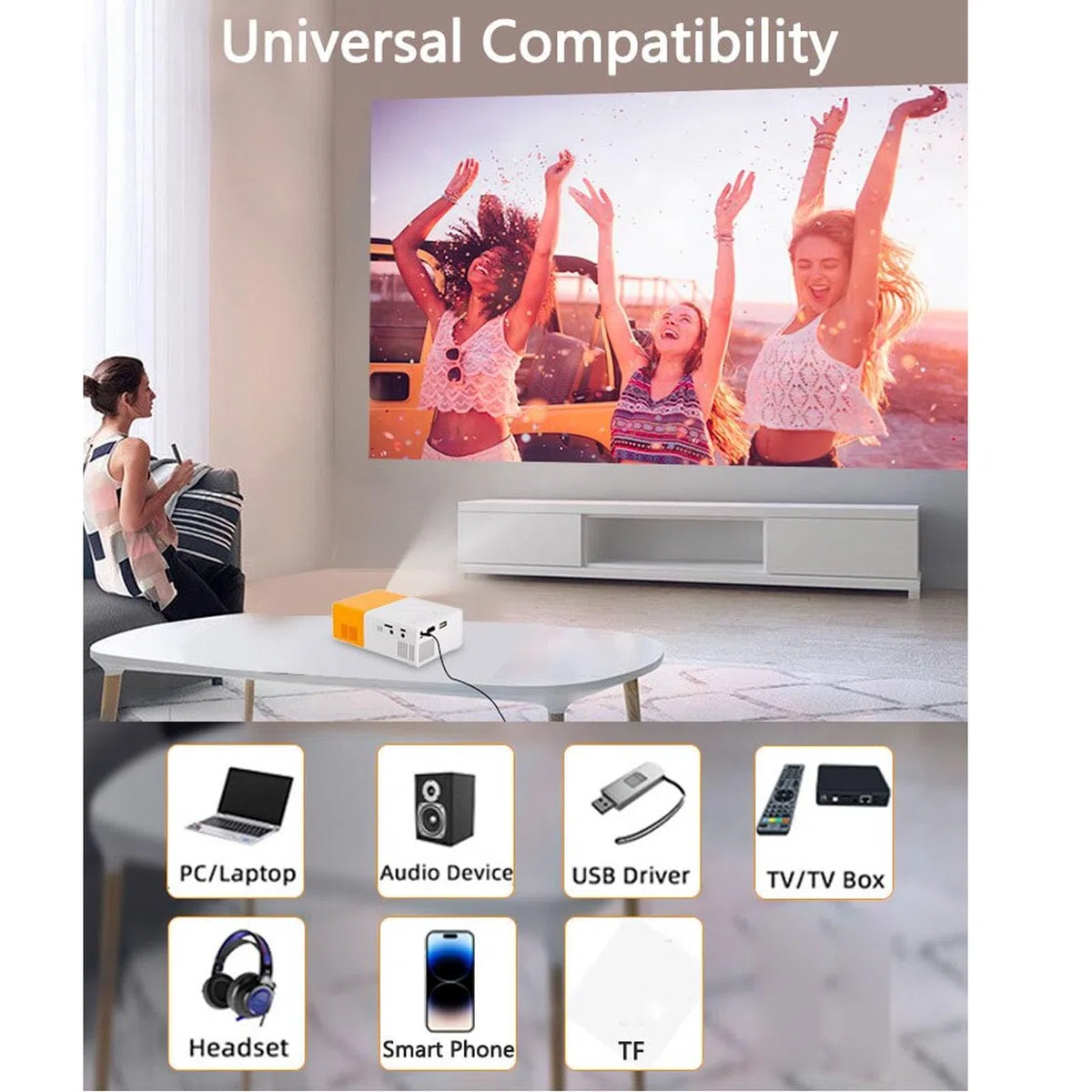 Projektor, 1080P Full HD Tragbarer LED-Projektor für Kinder, Smart-Heimkino-Filmprojektor für Laptops, PCs, TV-Boxen, TV-Sticks, Tablets, Smartphones (EU-Stecker)