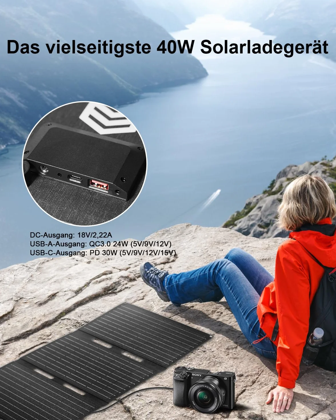 ELECAENTA 40W ETFE Solar Ladegerät Faltbar Solarmodul 3-Port, 18V DC/USB/USB-C PD30W, Tragbare Solarpanel Ladegerät IP68 Wasserdicht für iPhone, Andriod Handy, Tablets, Powerstation