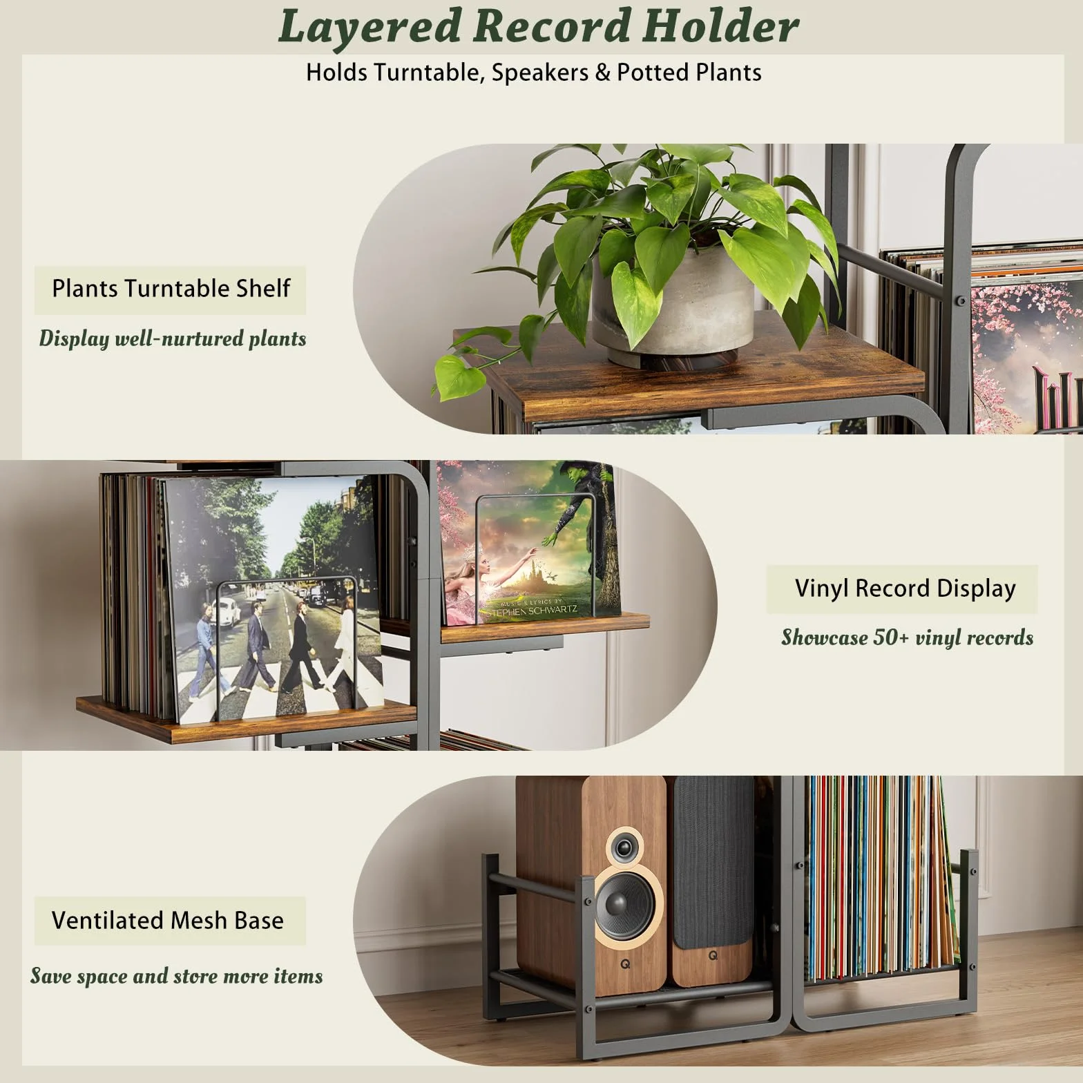 Bikoney Plattenspieler Ständer mit großem Vinyl Stauraum, Vintage Turntable Tisch mit LP Ablage & Schallplatten Display, Pflanzendesign Plattenschrank für Wohnzimmer, Schlafzimmer & kleine Räume