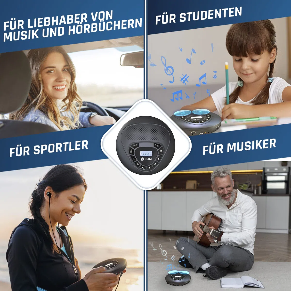 KLIM Speaker - CD Player mit Lautsprecher - NEU - Wiederaufladbarer Akku - Tragbarer CD-Spieler mit Kopfhörern - SD/TF-Karte - AUX - Idealer Auto-CD-Spieler - CD Player tragbar mit Lautsprecher