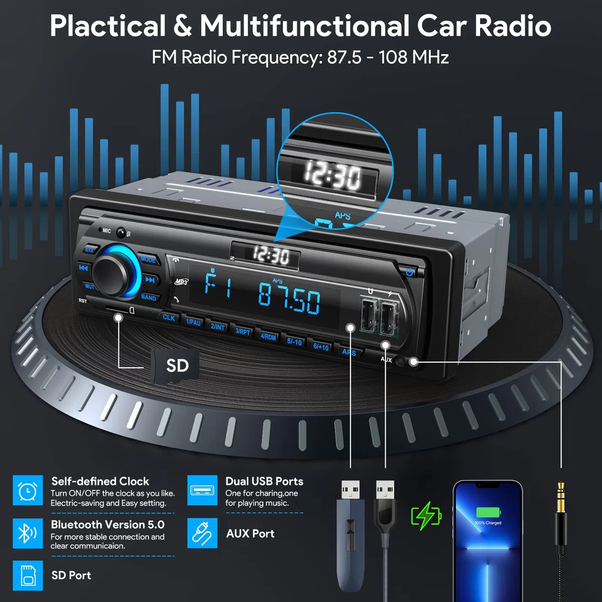 RDS Autoradio Bluetooth für 9-24V, FM/AM 1Din Autoradio mit Bluetooth Freisprecheinrichtung, 7 Farben Auto Radio mit 2 USB/MP3 Player/AUX/SD/Unabhängige Uhr, 30 Sender Gespeichert Werden