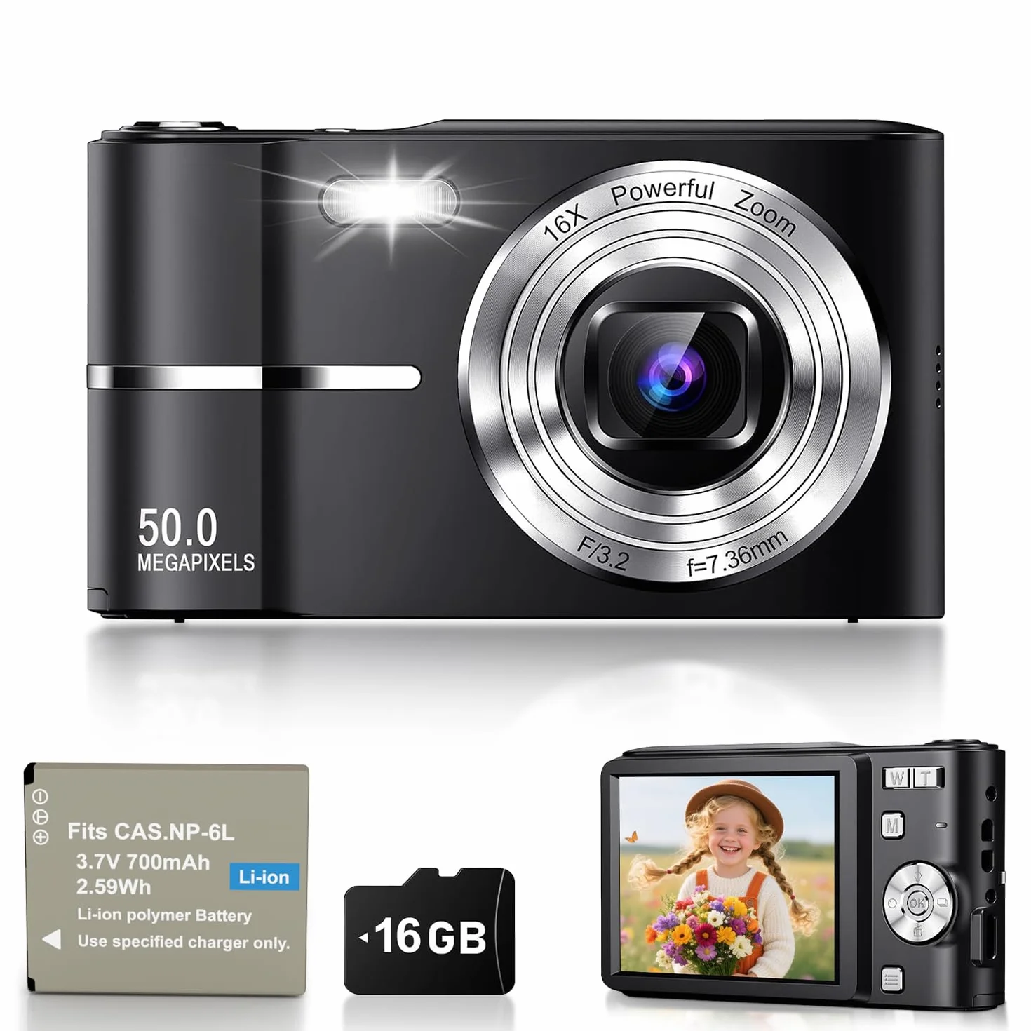 1080P Digitalkamera Autofokus 50MP Vlogging Kamera Anti-Shake 16X Zoom Compact Point and Shoot für Erwachsene Anfänger