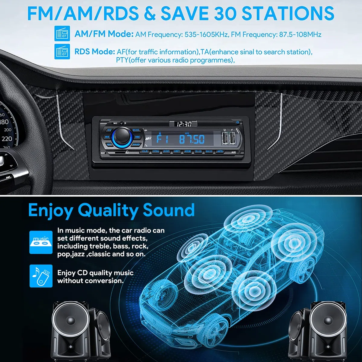 RDS Autoradio Bluetooth für 9-24V, FM/AM 1Din Autoradio mit Bluetooth Freisprecheinrichtung, 7 Farben Auto Radio mit 2 USB/MP3 Player/AUX/SD/Unabhängige Uhr, 30 Sender Gespeichert Werden