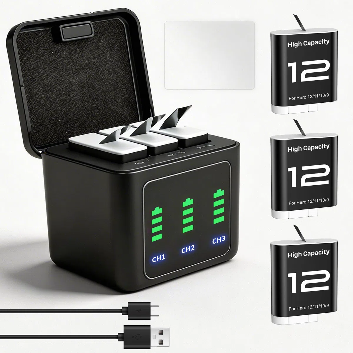 3-Stück Hero 12 Akku Ladegerät Kit 2580mAh, Type-C LED Dreikanal Ladestation + Displayschutzfolie, kompatibel mit GoPro Hero12/11/10/9 Black Enduro (3 Akkus + Ladegerät + Displayschutzfolie)