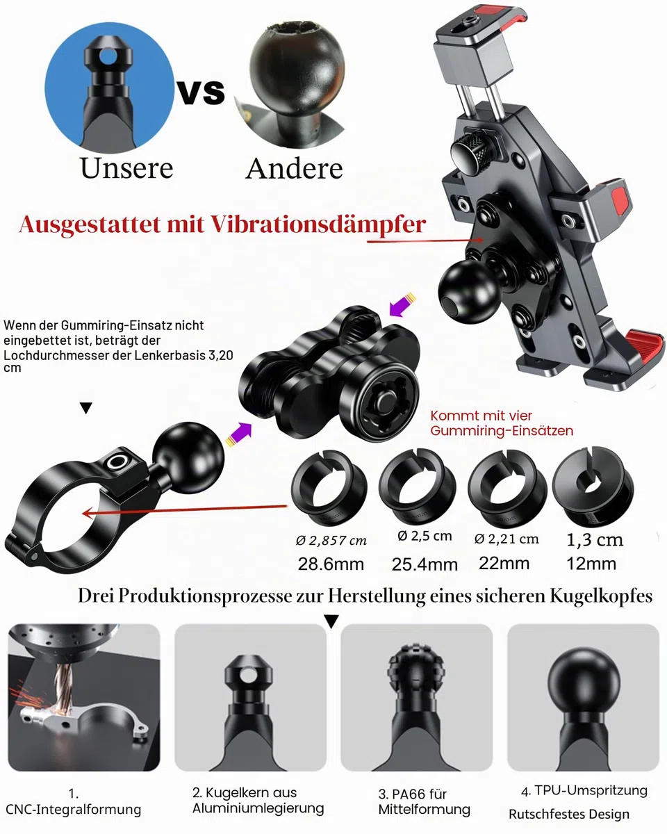 BRCOVAN Aluminiumlegierung Motorrad Handyhalterung mit Vibrationsdämpfer, Diebstahlsichere Handy Motorradhalterung, Verstellbar Lenker Handyhalter für Fahrrad, Roller, ATV, für 4,7-7,2 Zoll Smartphone