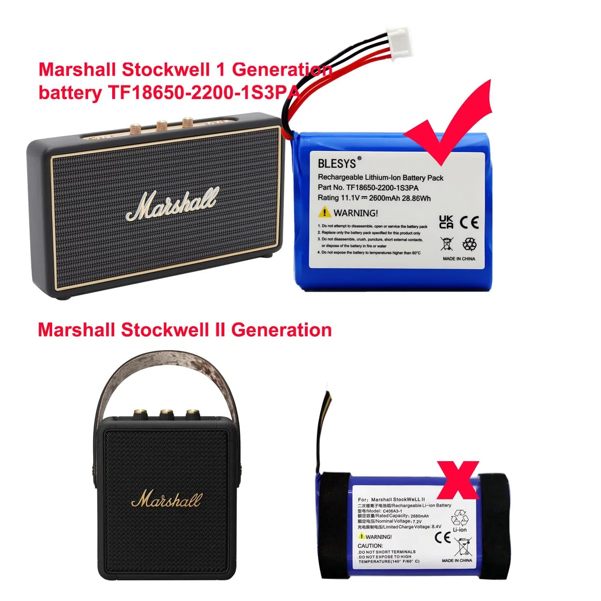BLESYS Akku für Marshall Stockwell Tragbarer Bluetooth Lautsprecher TF18650-2200-1S3PA Li-Ion Akku 2600mAh/11,1V