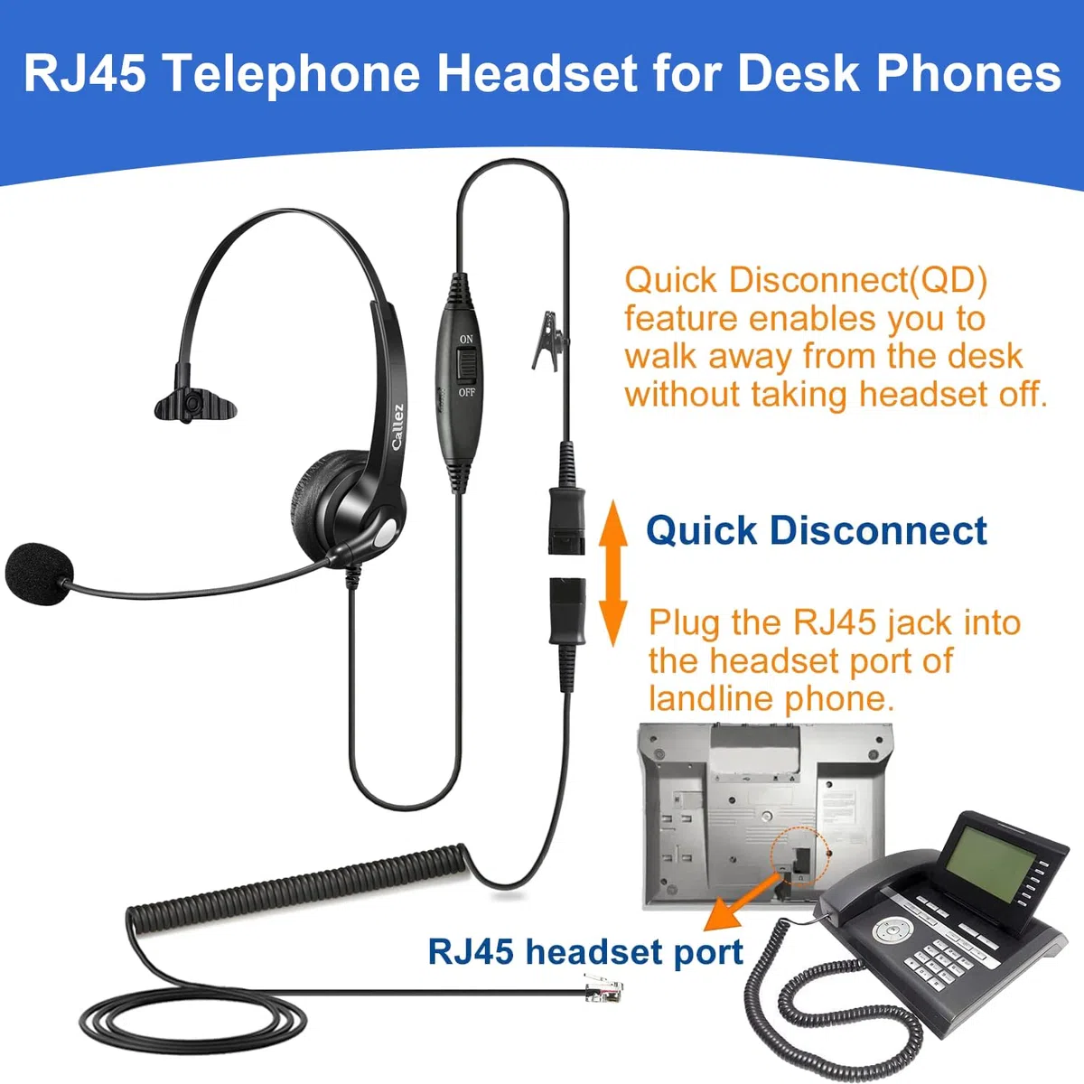 RJ45 Headset Telefon mit Mikrofon Noise Cancelling & Quick Disconnect Kabel, Mono Festnetztelefon Kopfhörer Kompatibel mit Siemens Unify OpenStage 30 40 60 80 Mitel/Aastra 5370 6773 6867i Telefone