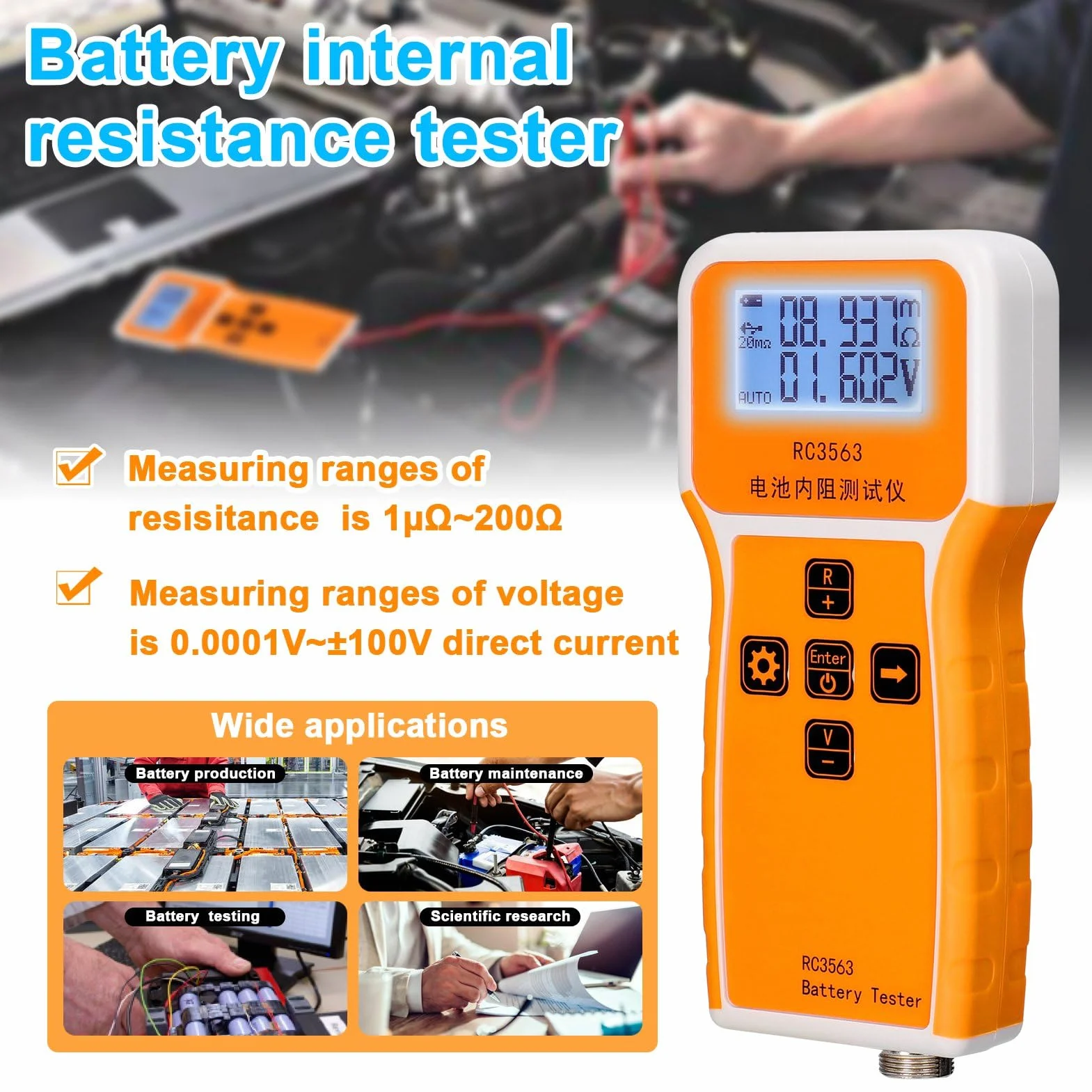 Handgehaltener Batterie-Innenwiderstandsspannungstester, RC3563 200Ω 100V, Batterietester mit 3-stelliger Anzeige, hochpräziser echter Vierleiter-AC-Lithium-Blei-Säure-Lithium-Batterietester