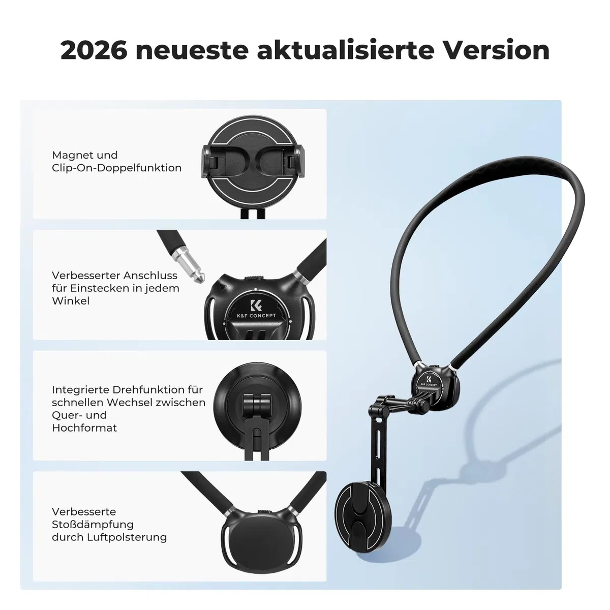 K&F CONCEPT Handyhalterung für den Hals mit Doppelfunktion, magnetische Halterung und Telefonclip, mit luftgepolsterter Basis, 65 cm Länge, komplett mit Riemen und magnetischer Führungsplatte(Schwarz)