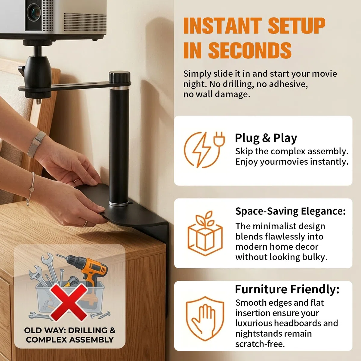 Beamer Ständer für Bett & Sofa, Projektorhalterung ohne Bohren – Verbesserte Stabilität Beamer Halterung Wand/Nachttisch, Stabil Stahl Beamer Wandhalterung für Schlafzimmer & Wohnzimmer (Höhe 10cm)