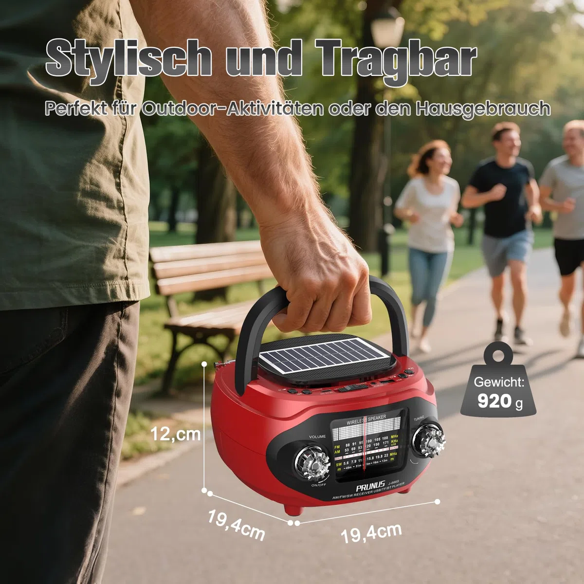 PRUNUS J-666 FM/AM/SW Retro Radio mit Bluetooth, Tragbares Radio mit 1800mAh Akku, Solar/USB-C Aufladbar, Küchenradio mit 15W-Lautsprecher, Satter Bass & Stereo-Sound, USB/TF/AUX Spielen.