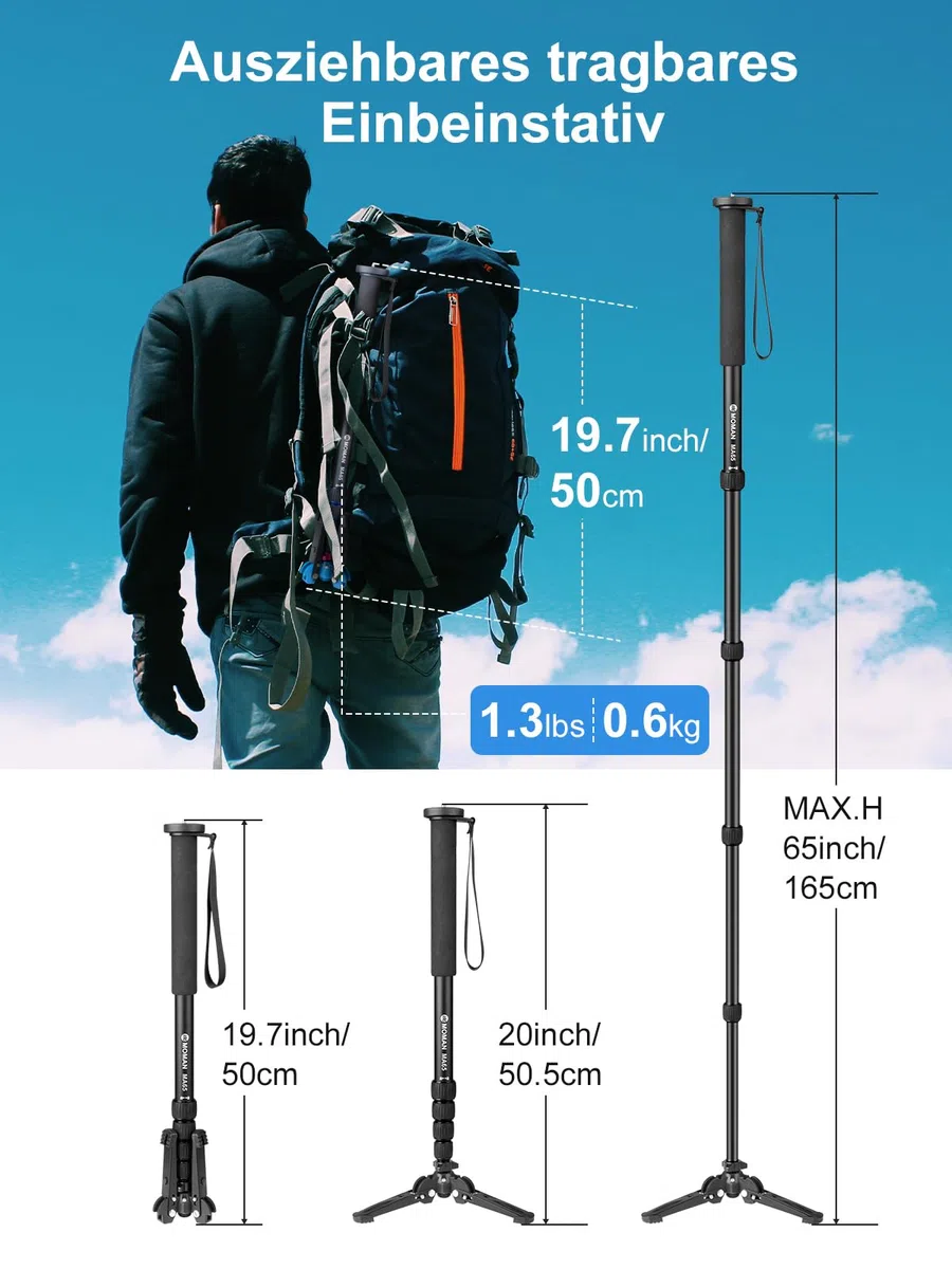 Moman Einbeinstativ Kamera Stativ Einbein Reisestativ mit Standspinne, DSLR Monopod Wanderstock, 0,64kg mit Stativfuß, Leicht Tragbar Aluminium Bergstock, max. 165cm, 360 Grad drehbar 5-10kg Nutzlast
