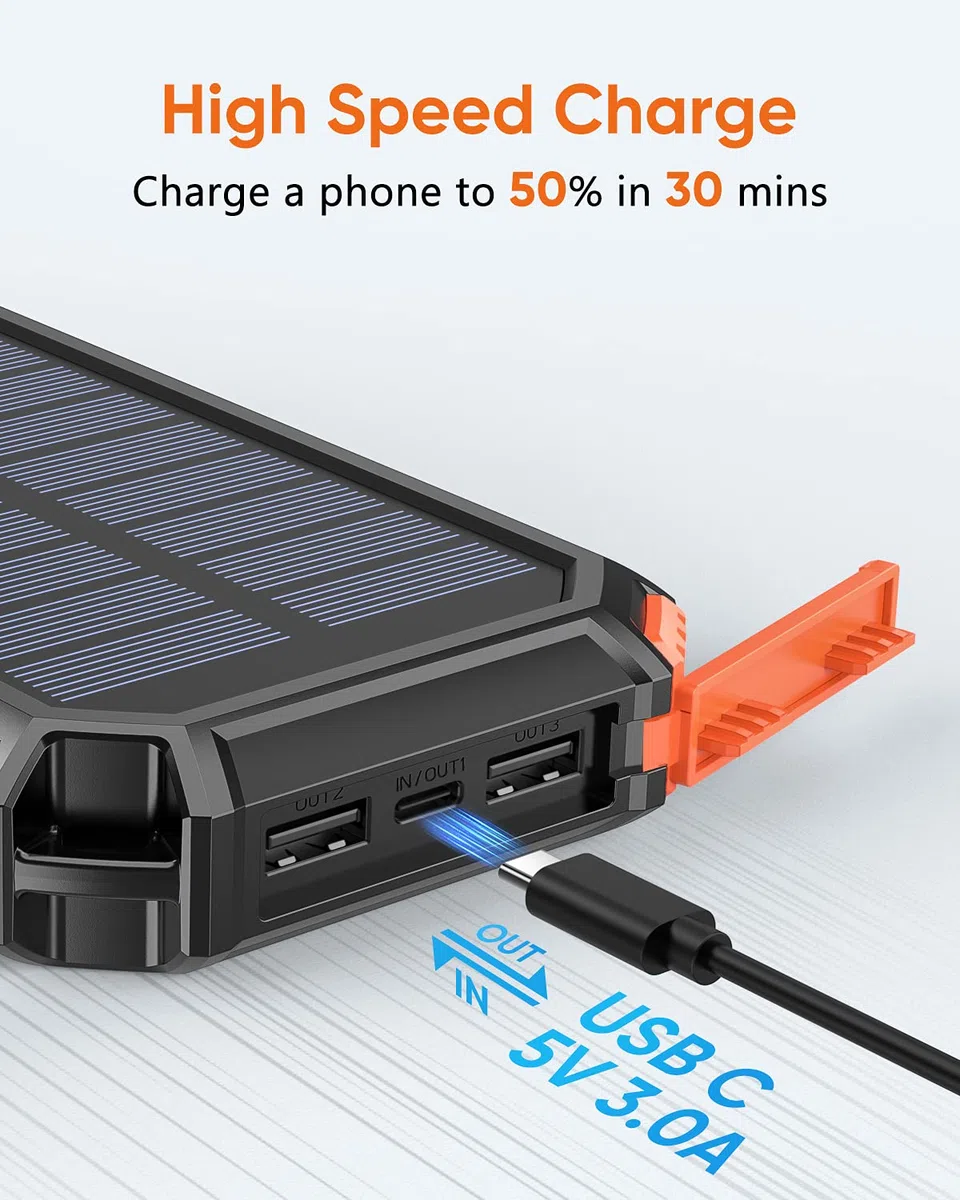 Hiluckey Wireless Solar Powerbank 20000mAh Wasserdichtes Solar Ladegerät USB C Externer Akku mit 4 Outputs , Power Bank für Smartphones, Tablets und mehr