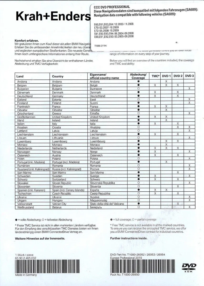 BMW Navi DVD 2019 Europa Professional Map 1 er 3 er 5 er SA609 + Einkaufschip