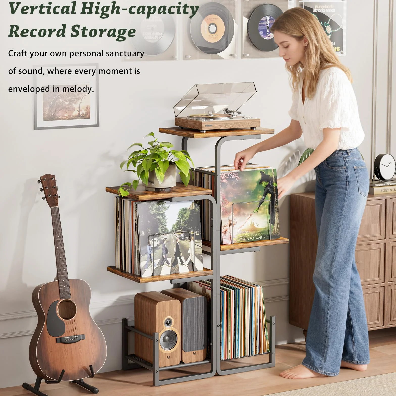 Bikoney Plattenspieler Ständer mit großem Vinyl Stauraum, Vintage Turntable Tisch mit LP Ablage & Schallplatten Display, Pflanzendesign Plattenschrank für Wohnzimmer, Schlafzimmer & kleine Räume