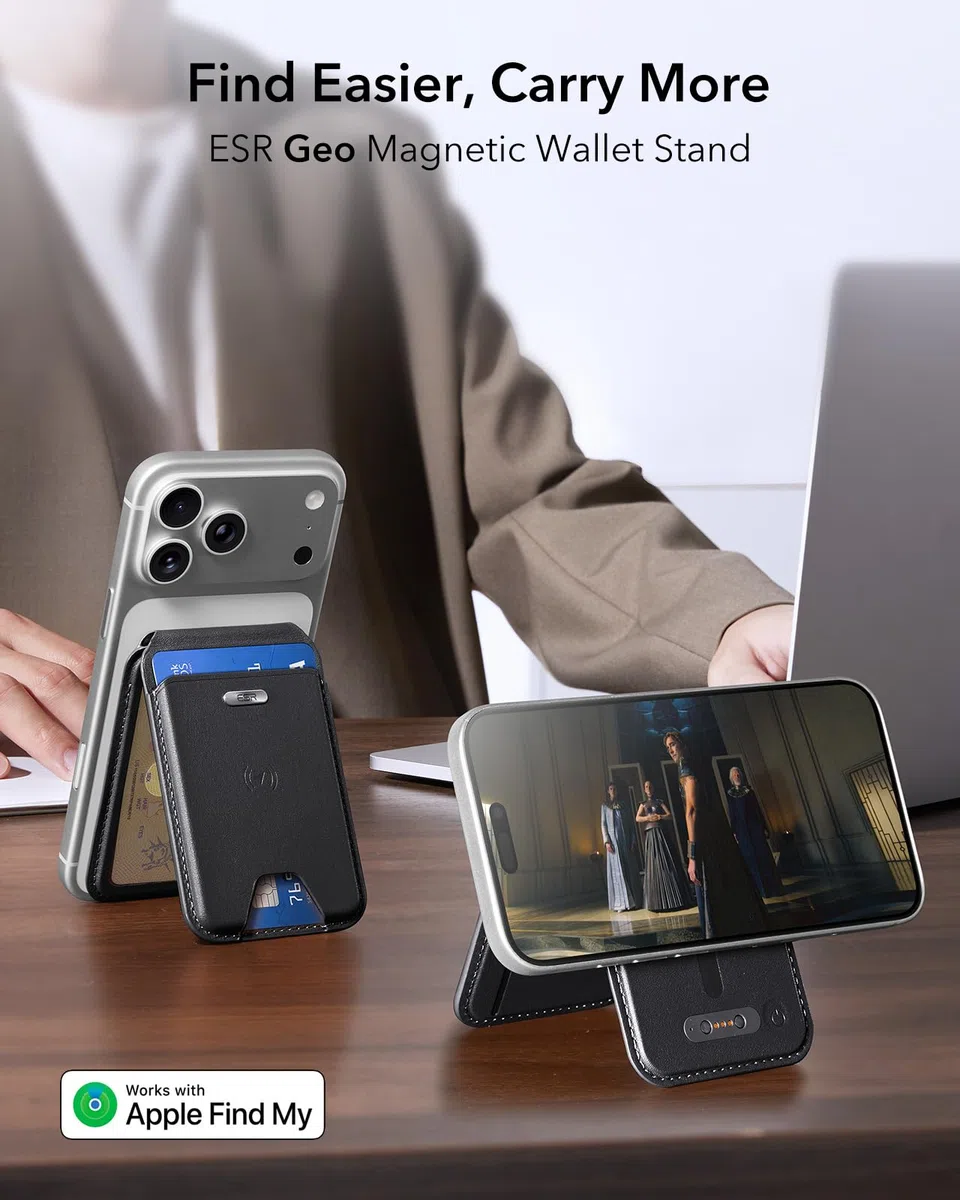 ESR Geo MagSafe Wallet mit vollständiger Wo ist?-Funktion, 5-Karten-Halter, RFID-Schutz, verstellbarem Ständer, Magnetisches Wallet für iPhone 17e/17/16/15/14/13/12 Serie, Nicht für mini, Schwarz