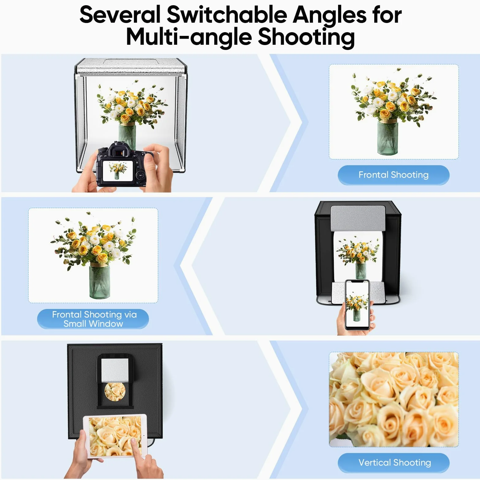 Fotolichtkasten Fotostudi 60x60x60cm, Tragbarer Fotobox Lichtbox Fotografie Lichtzelt mit 2 abnehmbaren dimmbaren LED-Streifen, 6 Farben Backdrops für alle Arten von Produktfotografie