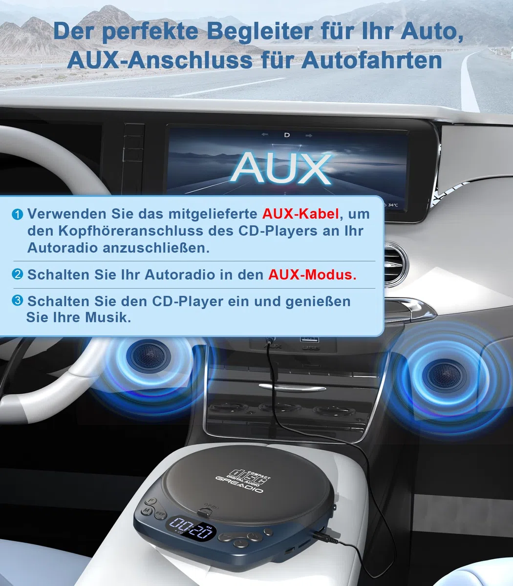 Greadio CD Player Tragbar mit Kopfhörer, Wiederaufladbarer Discman-CD-Player für Auto und Zuhause, Walkman CD-Spieler mit Anti-Skip-Funktion, Unterstützt CD/MP3/WMA/TF/AUX/Sperre