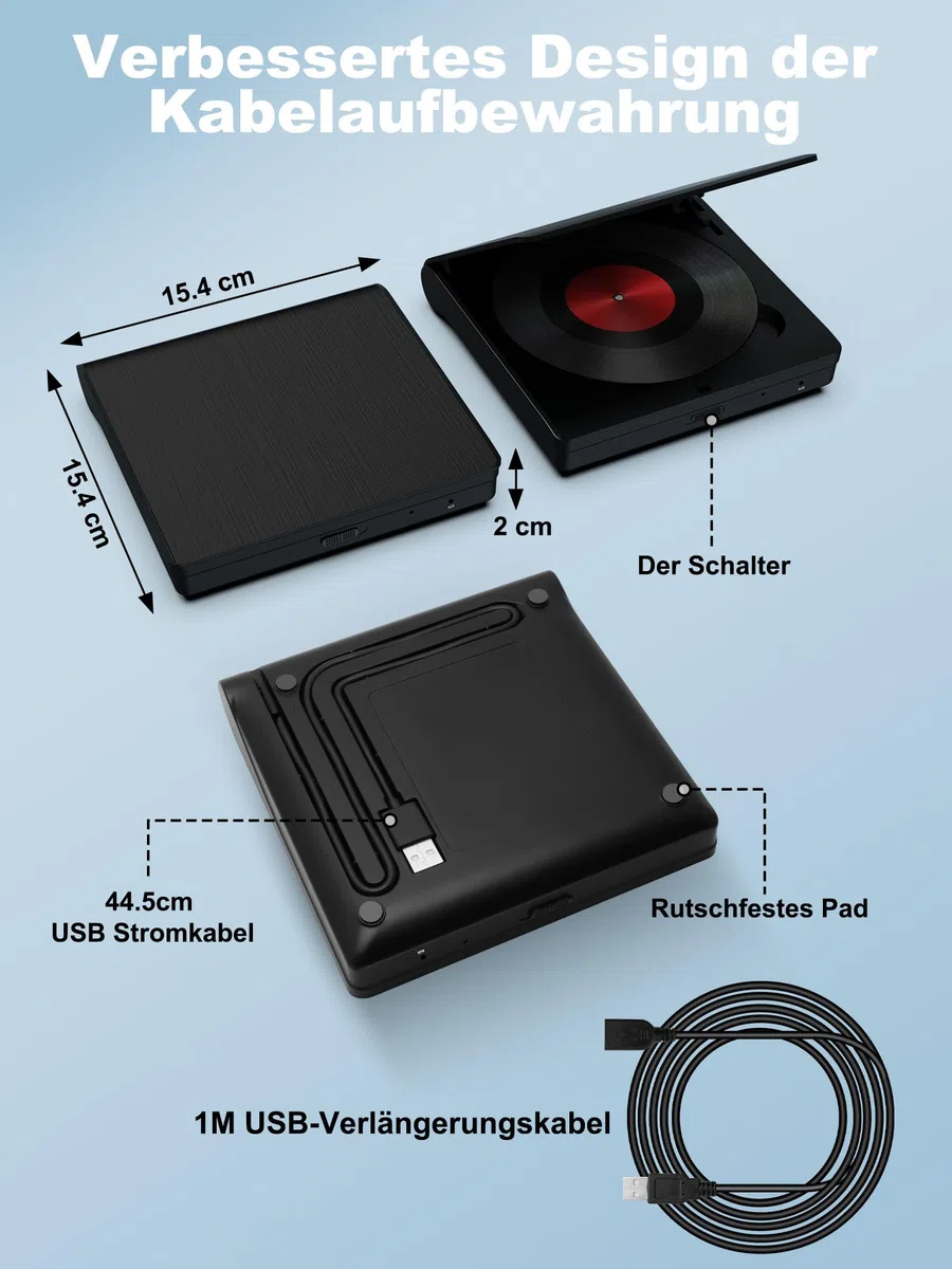 CD Player für Auto mit USB Anschluss - Lehwey CD Laufwerk für Auto mit 1M Verlängerungskabel, Externes CD Laufwerk für Laptop, PC, Fernseher, kompatibel mit Android Autoradio, Externer CD Spieler Auto