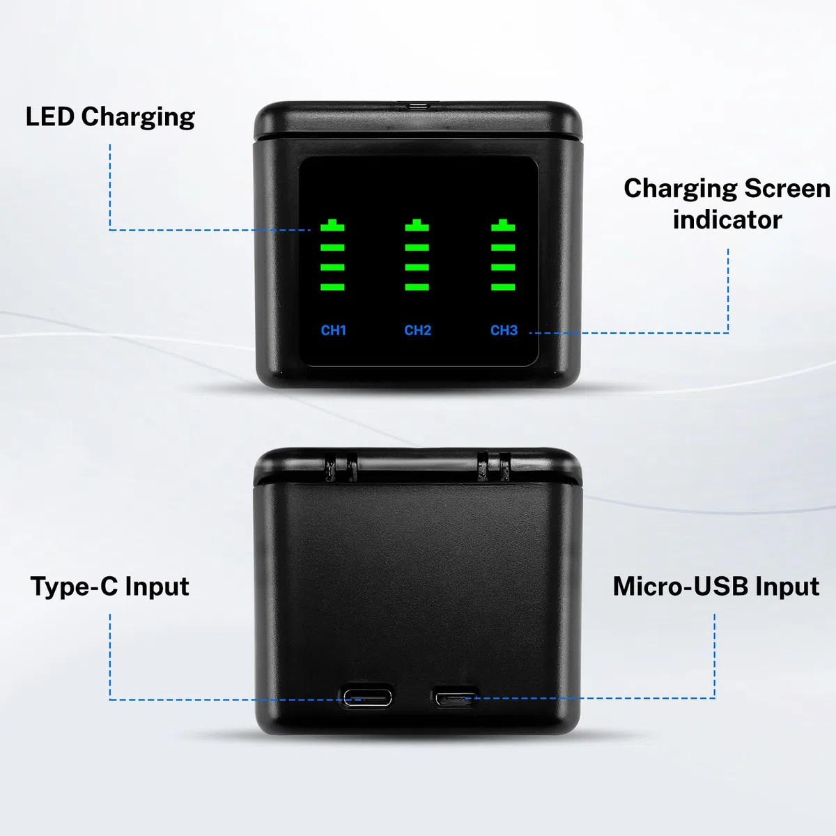 3 Stück 2580mAh Ersatzakkus für Gopro Hero 12/11/ 10/9 mit 3-Kanal Typ-C Akku-Ladestation USB-C-Aufladen