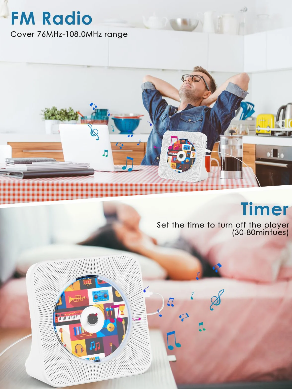Gueray CD Player Bluetooth CD-Player mit Lautsprecher Unterstützt Fernbedienung Anzeige FM Radio mit CD Players USB- Kartenwiedergabe 3,5 mm AUX Wecker Kopfhöreranschluss Staubschutzhülle