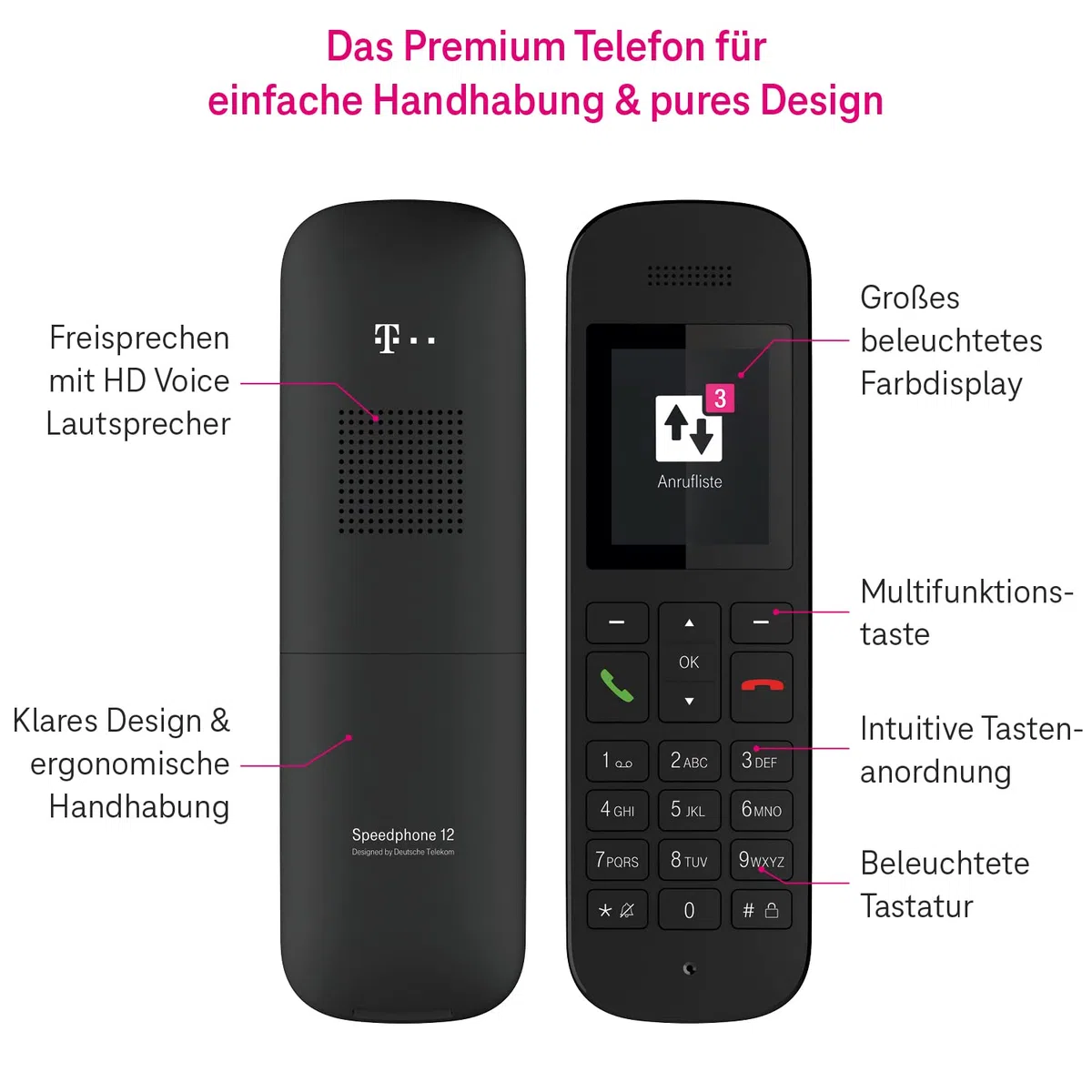 Telekom Speedphone 12 schnurloses DECT Telefon mit Farbdisplay HD Voice Freisprechen für Speedport Smart Pro