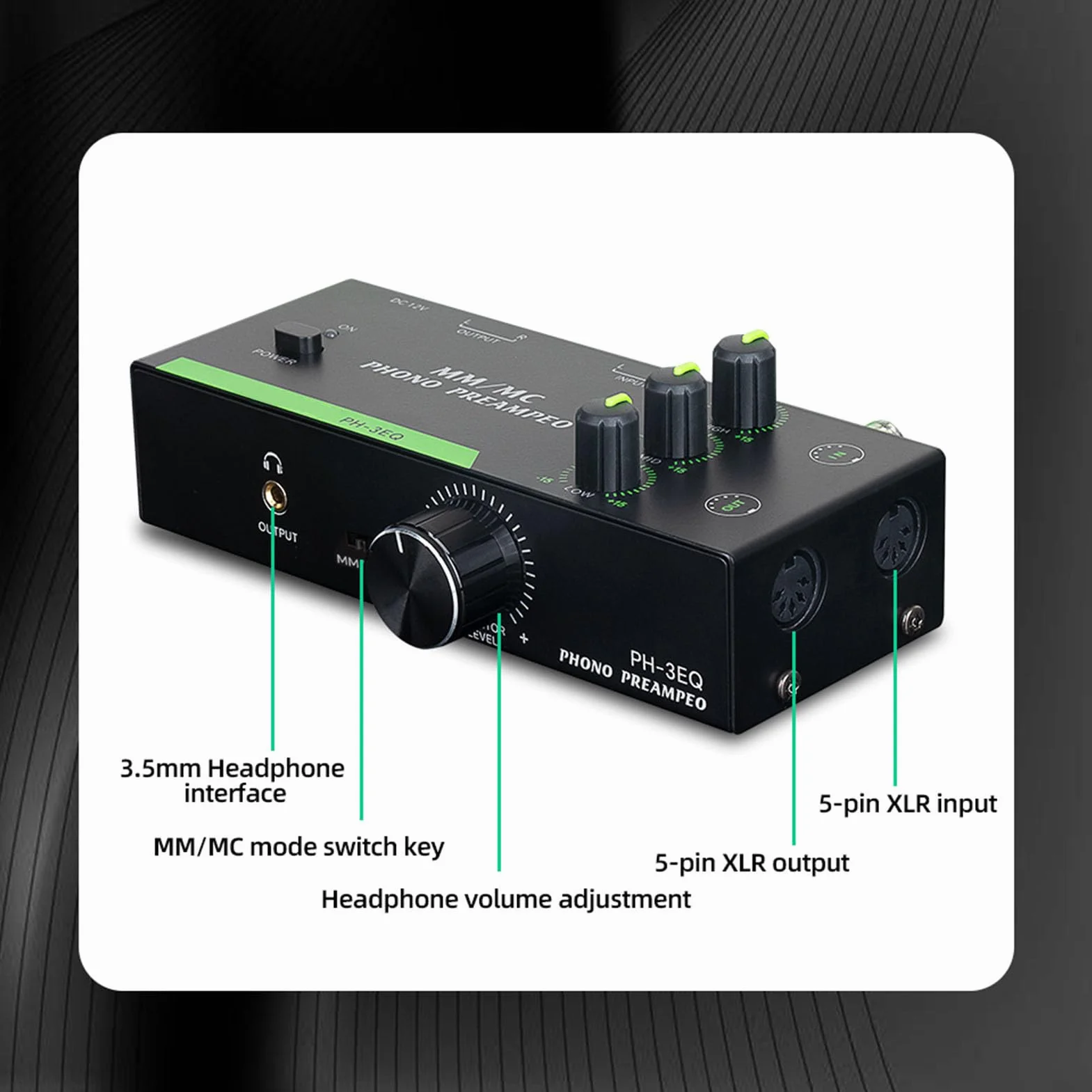 Fafeicy Professioneller MM MC Phono Preamp mit Einstellbarem EQ 5 Pin XLR -Eingangsausgang für Platten -Player -Stereo -Phonographen -Vorverstärker Vorverstärker (EU-Stecker)