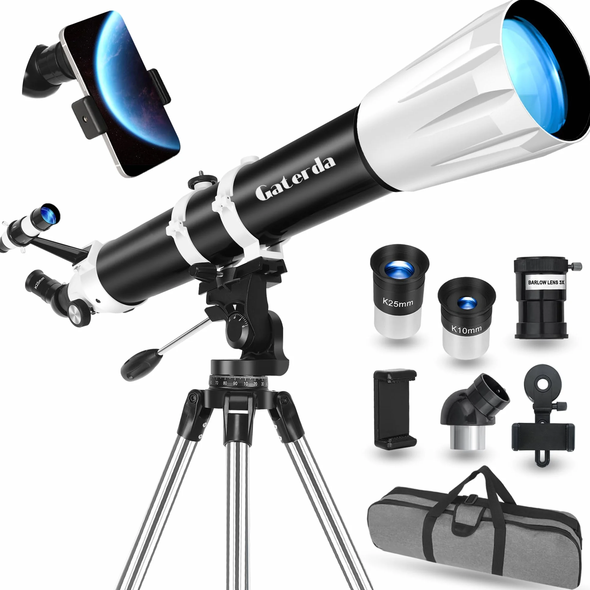 Teleskop, 90mm Öffnung 900mm Refraktor Teleskop Astronomie für Erwachsene, 36X-270X hohe Vergrößerung, Professionelle Teleskope für Anfänger, Stativ, Telefonhalterung und tragbare Tragetasche