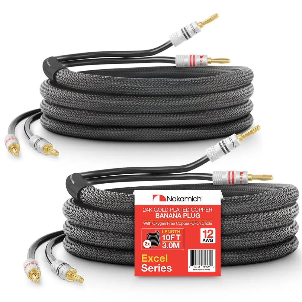 Nakamichi 24K vergoldeter Bananenstecker mit Lautsprecherkabel, 99,9% sauerstofffreies Kupfer (OFC), robustes geflochtenes Kabel, CL2-zertifiziert - Schwarz (12AWG / 10 Fuß / 3,0 Meter) 2er-Pack