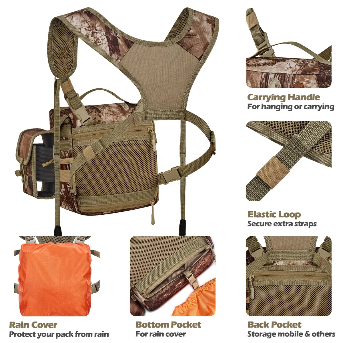 NewView Binocular Harness Chest Pack mit abnehmbarer Entfernungsmesser-Tasche, verstellbarem Bino-Gurt und Regenschutz - ideal für Jagd, Wandern und Vogelbeobachtung-L