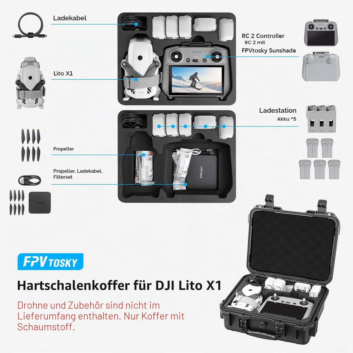 FPVtosky Wasserdichter Koffer für DJI Lito X1 Fly More Combo, Kompatibel mit RC 2 Fernsteuerung, Akkus, Ladehub und Zubehör [NUR Koffer]