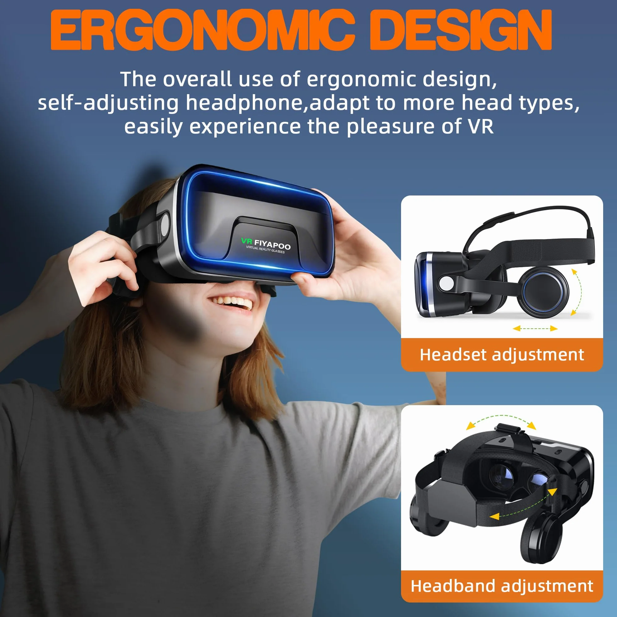 3D VR Brille mit HiFi Kopfhörern, Immersive Virtual Reality für Spiele & Filme, Ergonomisches Design, Unterstützt 4,7-7,2 Zoll Smartphones, Weihnachten Geschenk für Kinder