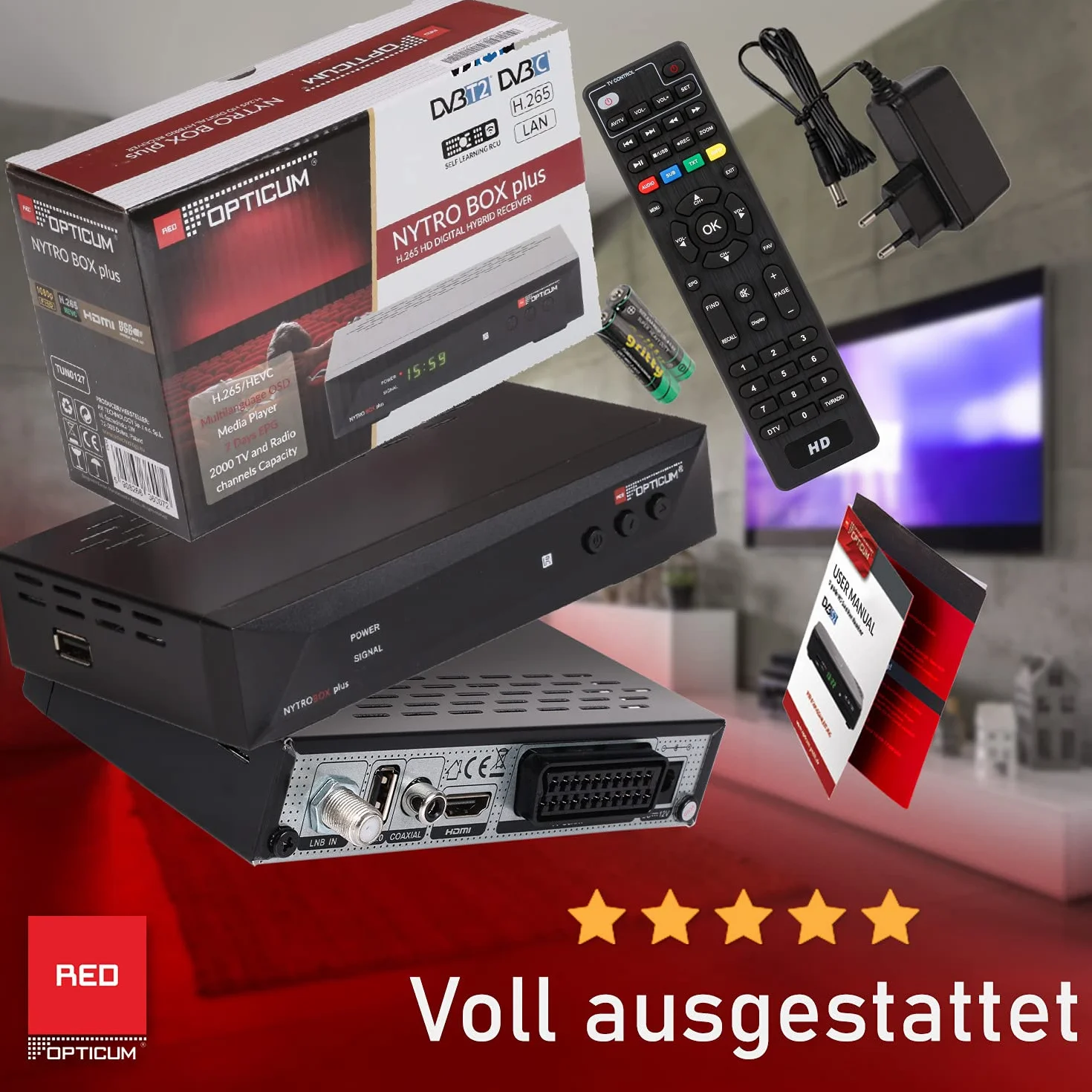 RED OPTICUM 23025 Nytro Box Plus Hybrid-Receiver HD-TV I DVB-C & DVB-T2 Receiver mit Aufnahmefunktion PVR - HDMI - USB - SCART - Coaxial Audio - Ethernet - LED Display I Digitaler Kabelreceiver