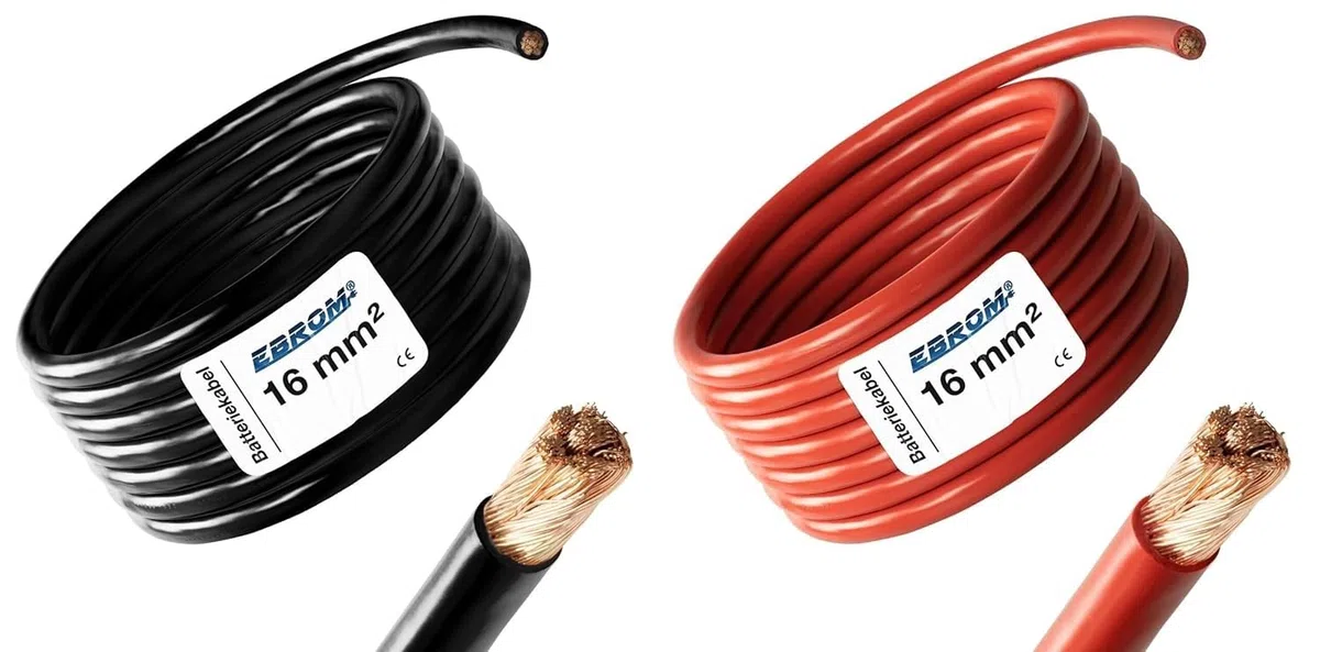 EBROM - 2 Meter Batteriekabel - rot und schwarz - Pluskabel und Massekabel - 16mm2 | 16 mm² | 16 mm2 - Vollkupfer 99,9% OFC Kupfer Stromkabel - Ihre Länge: je 2 Meter