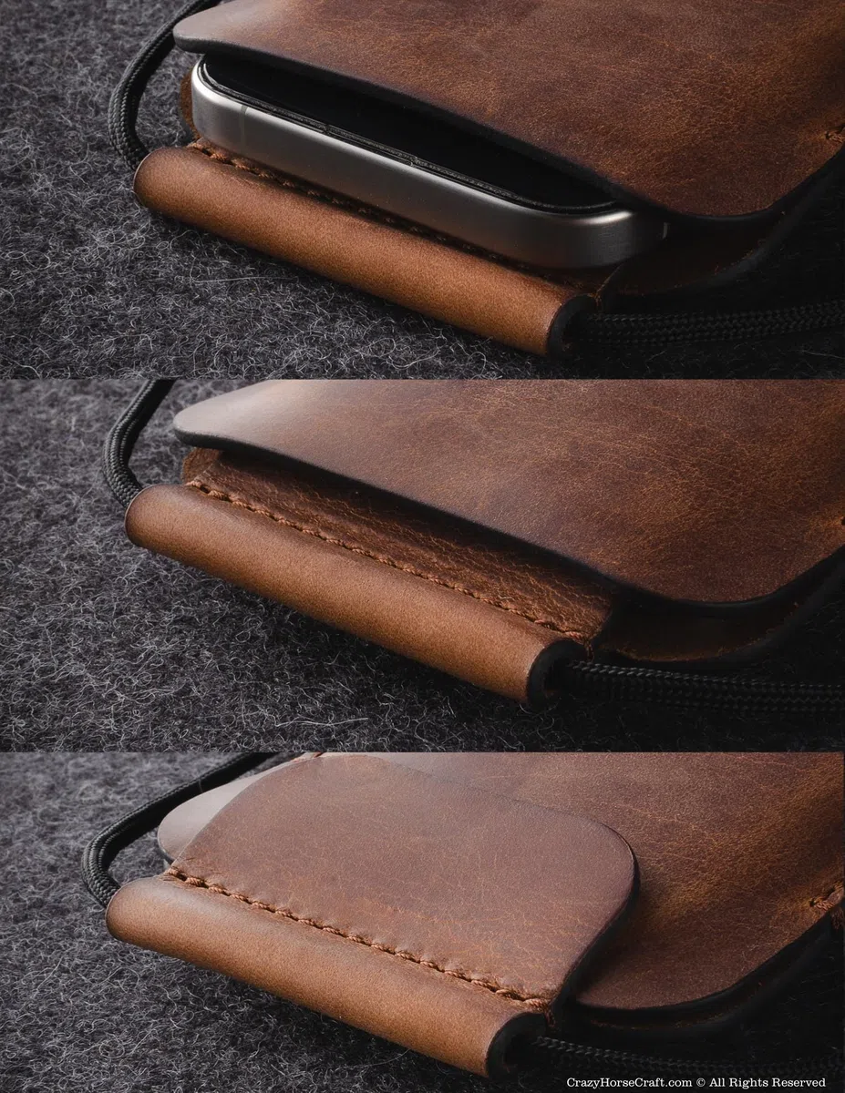 Crazy Horse Craft, Handyhülle für iPhone 16 Pro Max / 16 Plus, Classic Brown, Handytasche zum Umhängen, Leder Hülle Handy Tasche Handysocken Mobil Etui Lanyard Phone Case Sleeve Cover, Enlarged
