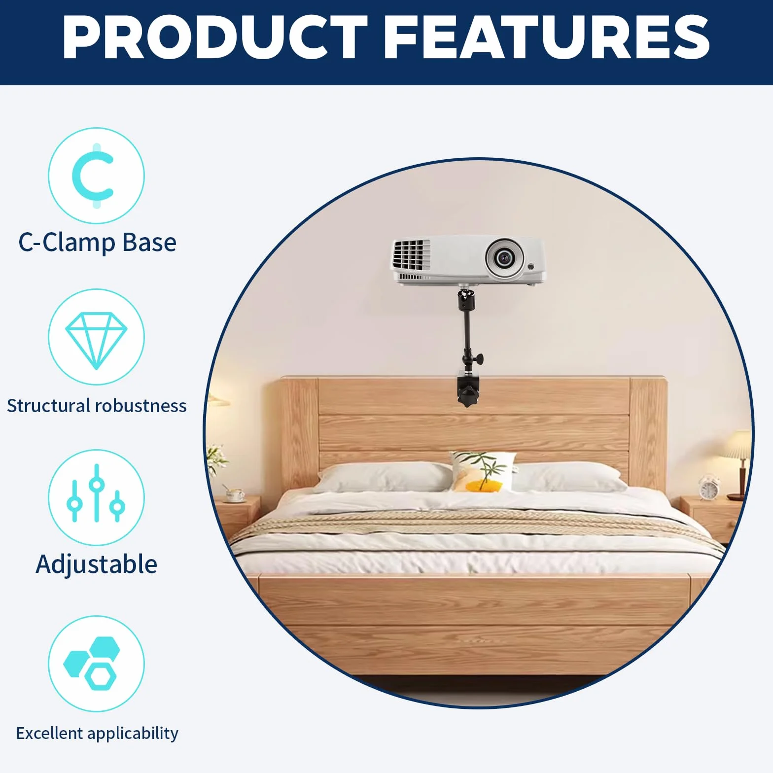 Projector Stand for Bettgestell, C-Clamp Beamer Halterung Verstellbare Drehbar, Desk Bedside Projektor Ständer mit 1/4-Zoll-Schraubschnittstelle für Heimkino, Büro, Spielzimmer