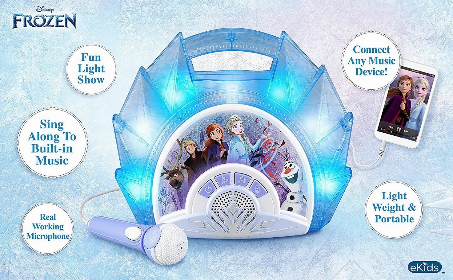 eKids FR-115 Lizenzierte Disney Frozen Karaoke Boombox mit Mikrofon und Audio Eingang für Kinder ab 3 Jahren