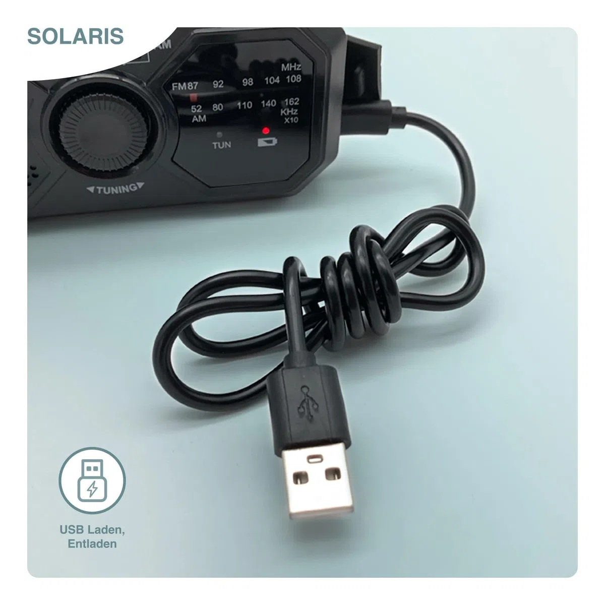 SOLARIS Tragbarer Kurbelradio mit integrierter Taschenlampe, Solarpanel und Handkurbel-Ladefunktion.