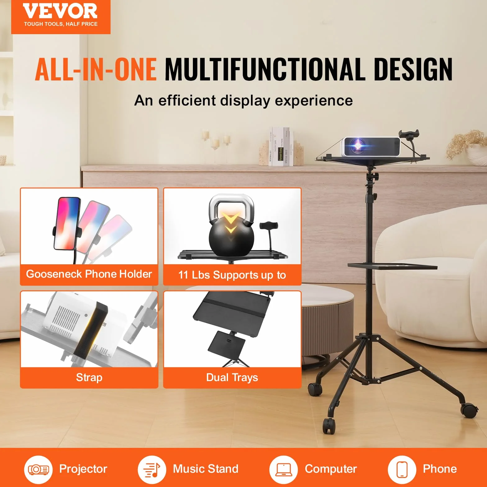 VEVOR Projektorständer mit Rädern Laptopständer-Stativ, höhenverstellbar von 795 bis 1710 mm, Projektor-Stativständer mit 2 Ablagen & Schwanenhals-Telefonhalterung, im Freien/Büro/Studio, zu Hause