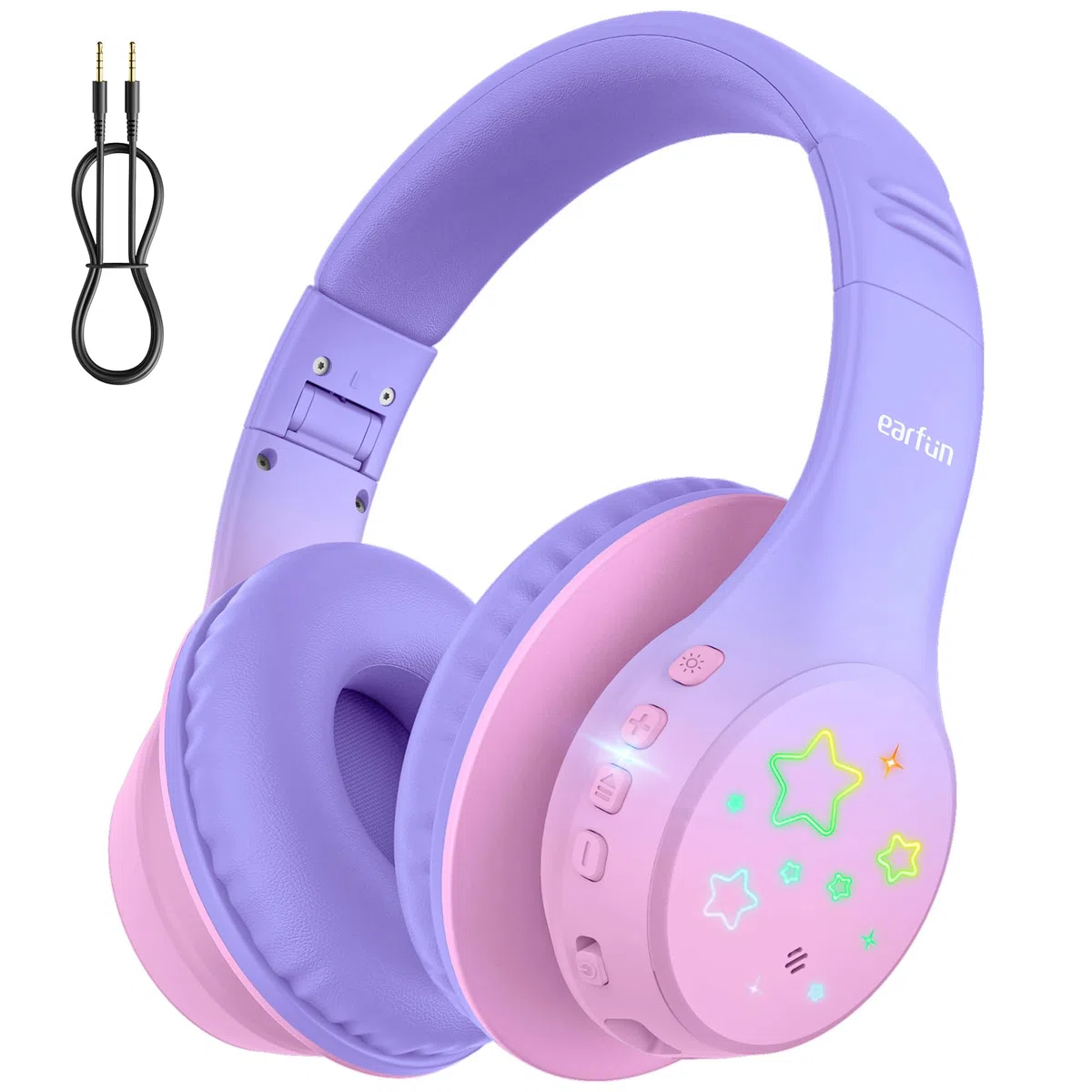 EarFun Bluetooth Kopfhörer Kinder, 5 LED-Beleuchtungsmodi, 74/85/94 dBA Lautstärkebegrenzung, 90 Std Akku, Hi-Fi Klang, HD-Mikrofon, Bluetooth 5.4, Faltbare, Kopfhörer Kabellos Kinder für Schule/Reise