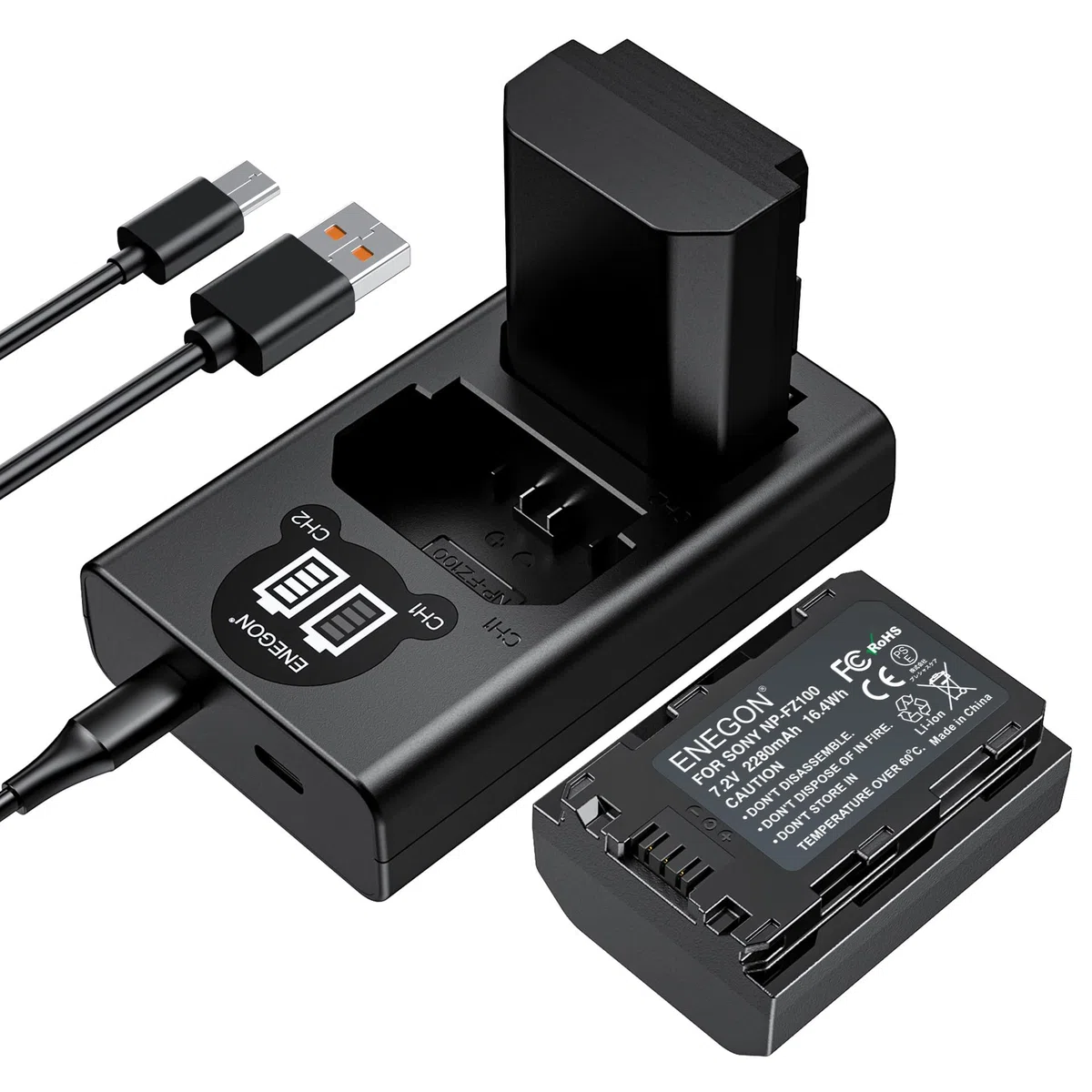 ENEGON Replacement Battery (Pack of 2) and Smart LED Dual USB Charger for Sony NP-FZ100 and A9,A9R,A9S,A7RIII A7R3, A7 III, A7R4, A7RIV Digital