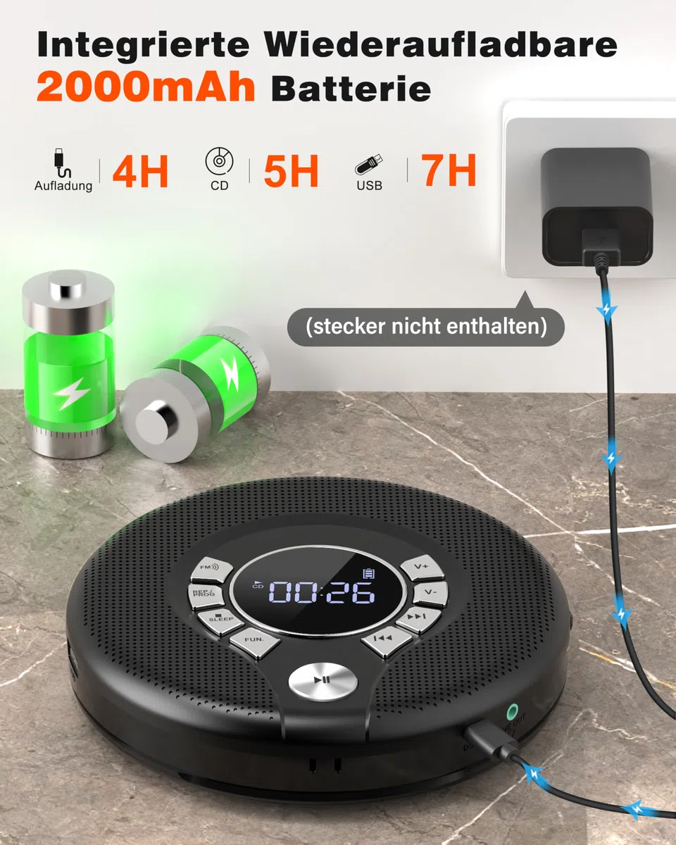 Greadio Bluetooth CD Player Tragbar mit Kopfhörer Discman CD-Player | Anti-Skip/Stoßfest und 2000mAh Wiederaufladbarer, Kompatibler FM-Sender, USB, AUX-Ausgang, HiFi-Doppellautsprecher für Auto