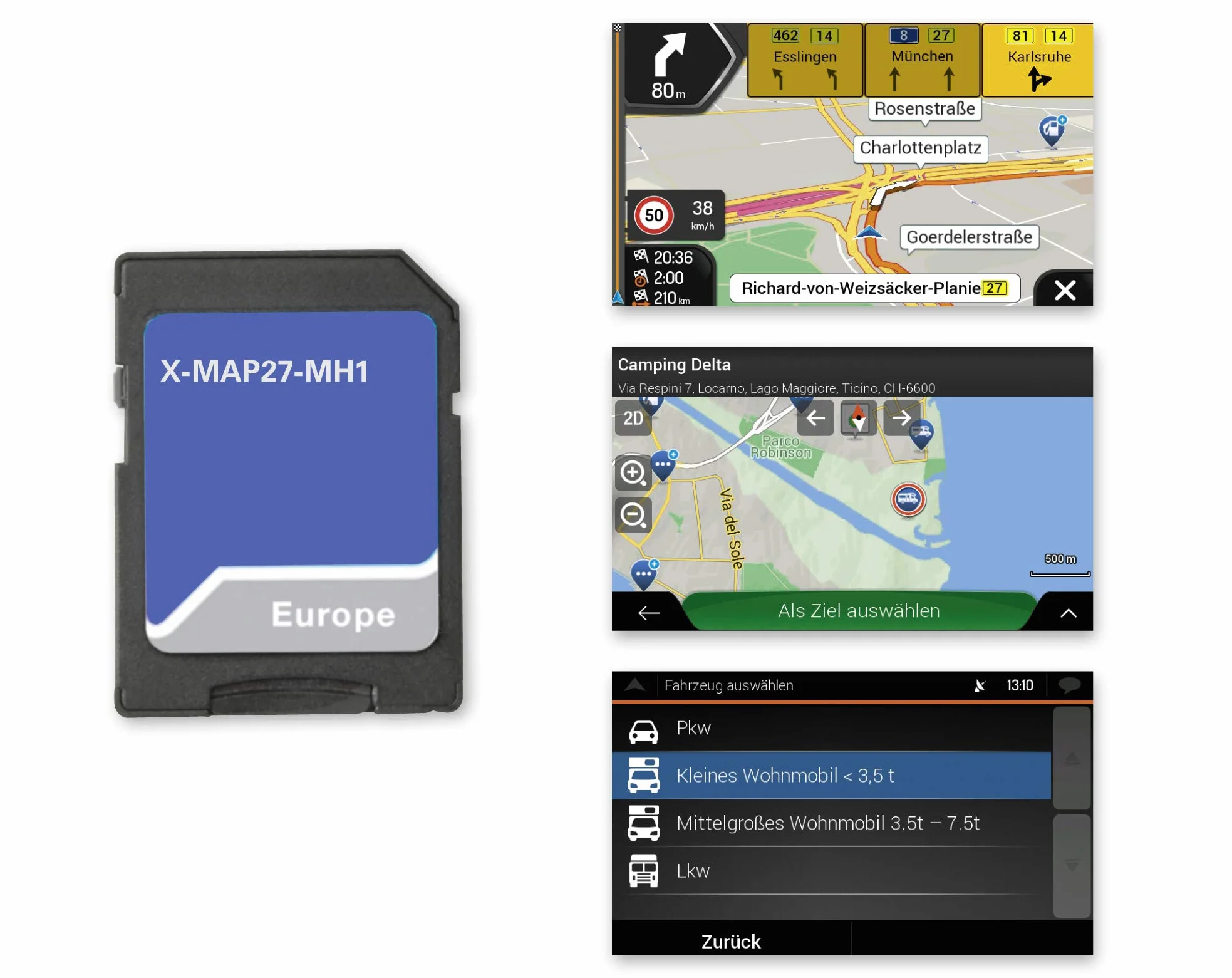 X-MAP27-MH1: Micro SD-Karte mit Reisemobil Navigation für XZENT X-427, X-F270 und X-F285, Karten für Europa, Camping P.O.I. Paket, 1 Jahr kostenfreie Kartenupdates