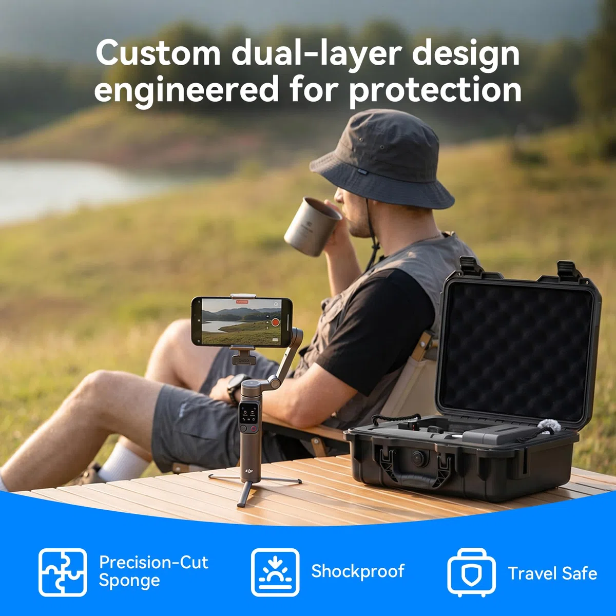 FPVtosky Doppeldecker Hartschalenkoffer für DJI Osmo Mobile 8P Kreativ Combo, Große Kapazität, Eva-Schaum, Wasserdicht, Stoßfest, Koffer Geeignet für Osmo Stabilisator & Zubehör, Geräte-Organizer-Box
