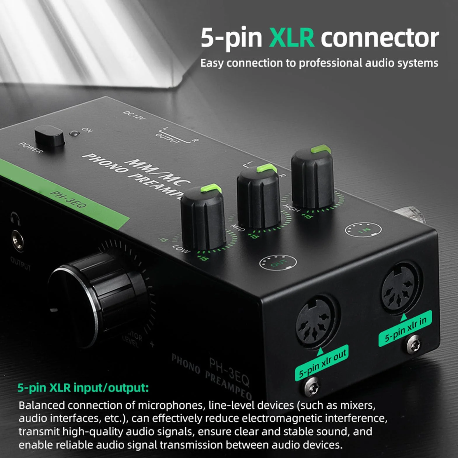 Fafeicy Professioneller MM MC Phono Preamp mit Einstellbarem EQ 5 Pin XLR -Eingangsausgang für Platten -Player -Stereo -Phonographen -Vorverstärker Vorverstärker (EU-Stecker)