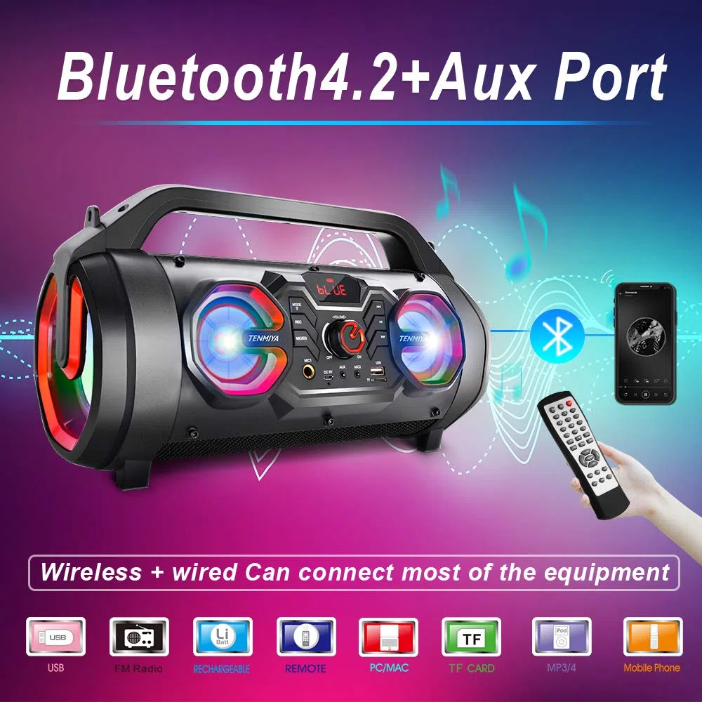 TENMIYA Bluetooth Lautsprecher, 30W Musikbox Bluetooth mit Subwoofer, FM Radio, RGB Licht. 10h Akku Outdoor Boombox für Party